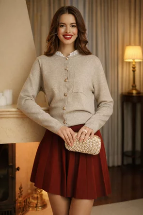 Pulover dama premium bej stil jacheta cu nasturi aurii si volan din bumbac alb