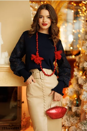 Pulover dama premium bleumarin cu maneci din dantela si mansete late cu volanas