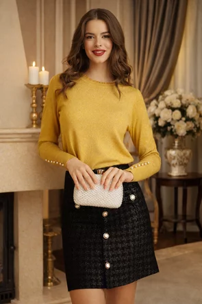 Pulover dama premium galben mustariu cu fir de lurex manseta lata cu perle decolteu conturat cu dantela