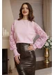 Pulover dama premium lila cu maneci din dantela si mansete late cu volanas