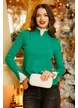 Pulover dama premium verde cu volane plisate conturate cu negru