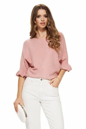 Pulover dama roz cu maneca fluture si volanase