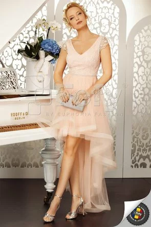 Rochie asimetrică elegantă din tulle și dantelă roz