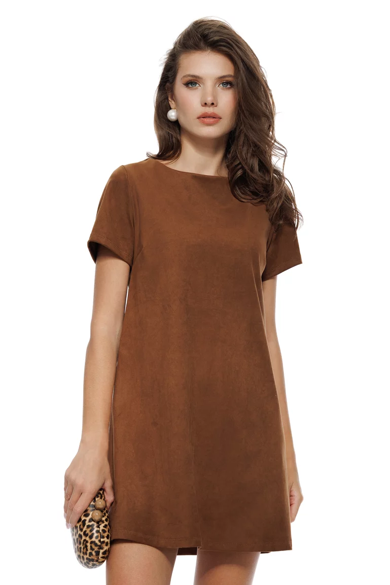 Rochie camel piele intoarsa eco croi in A cu funda animal print picture - 2