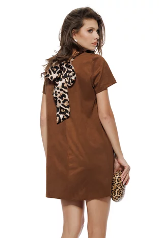Rochie camel piele intoarsa eco croi in A cu funda animal print
