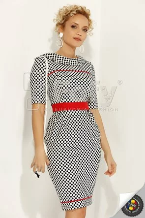 Rochie  Fofy cu buline bleumarin și cordon roșu