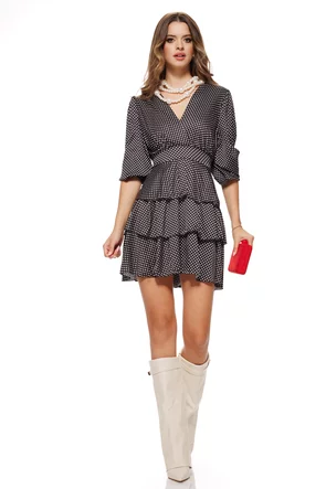 Rochie cu decolteu petrecut si volane din saten negru cu buline