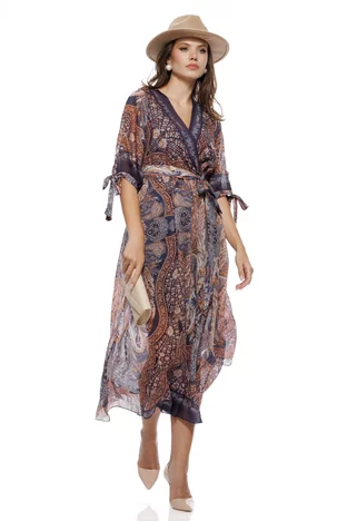 Rochie damă eleganta din matase de tencel cu imprimeu paisley bleumarin