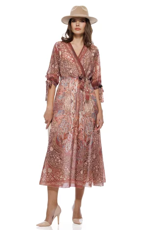 Rochie damă eleganta din matase de tencel cu imprimeu paisley bordo