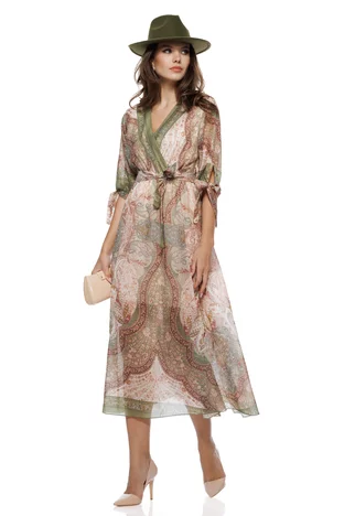 Rochie damă eleganta din matase de tencel cu imprimeu paisley olive