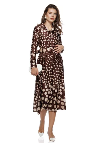 Rochie damă eleganta din satin maro cu buline brosa florala decorativa si curea