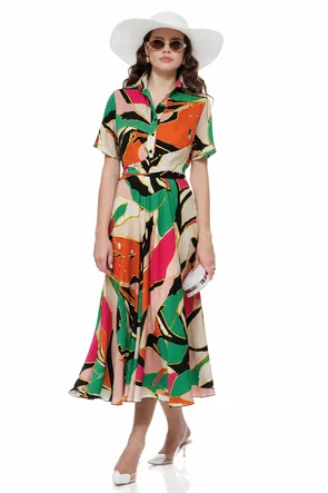 Rochie damă Fofy midi cu imprimeu floral multicolor, croi tip cămașă și cordon în talie