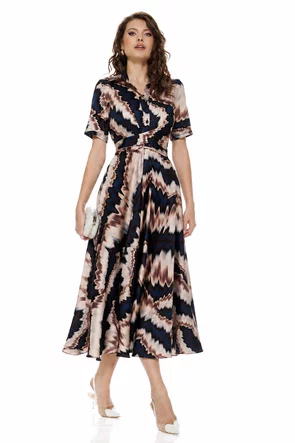 Rochie damă Fofy midi  eleganta imprimata croi tip cămașă și cordon în talie