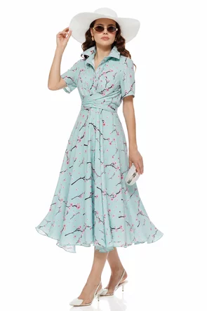 Rochie damă Fofy midi  eleganta turcoaz cu imprimeu flori de cires, croi tip cămașă și cordon în talie