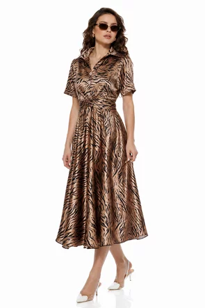 Rochie damă Fofy satin midi imprimeu tigrat, croi tip cămașă și cordon în talie