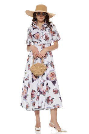 Rochie damă Fofy midi imprimata, croi tip cămașă și cordon în talie