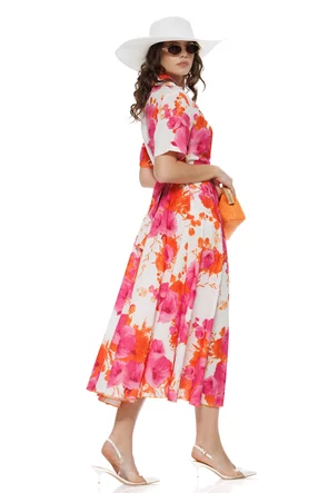 Rochie damă Fofy midi cu imprimeu floral portocaliu cu roz, croi tip cămașă și cordon în talie