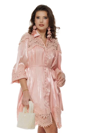 Rochie damă roz eleganta diafana din organza satinata broderie aplicata