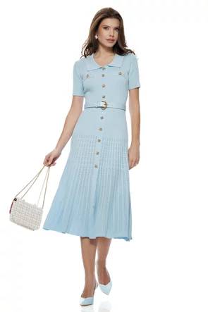 Rochie dama tricotata premium bleu cu nasturi sofisticati curea si plise structurat
