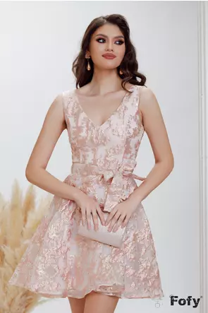 Rochie de banchet sofisticata din brocart din organza roz cu lurex auriu
