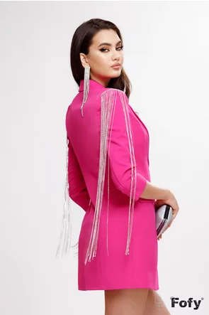 Rochie de ocazie ciclame elegantă tip sacou cu franjuri din strassuri premium maxi