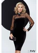 Rochie de ocazie Fofy neagră de catifea cu maneci de tull si mansete din dantela elastica, brosa detasabila