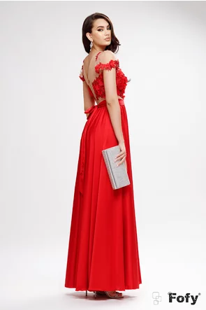 Rochie de ocazie lunga clos rosie premium cu bust lucrat manual