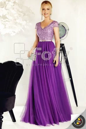 Rochie Fofy de ocazie mov din dantelă brodată și tulle