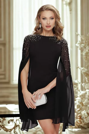 Rochie de ocazie neagra cu maneci despicate din voal si aplicatii de cristale