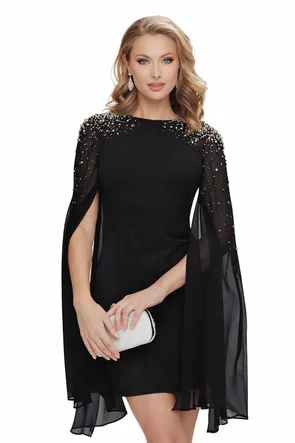 Rochie de ocazie neagra cu maneci despicate din voal si aplicatii de cristale