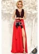 Rochie de ocazie roșie lungă cu despicătură și broderie cu floricele 3D