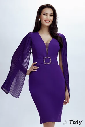 Rochie de seara eleganta mov cu decolteu maneci despicate si voal plisat si centura