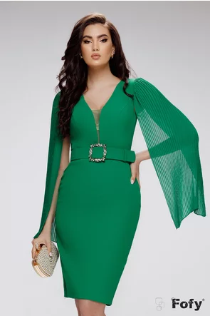 Rochie de seara eleganta verde tonic cu decolteu maneci despicate si voal plisat si centura