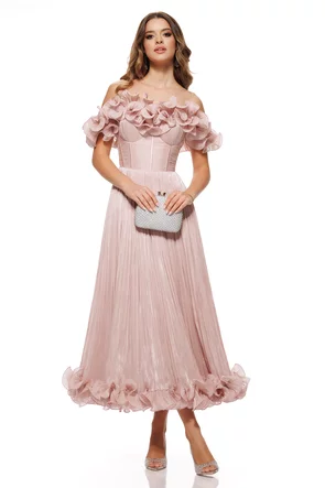 Rochie de spectaculoasa din organza dusty rose drapata cu volane romantice si corset reglabil cu volane