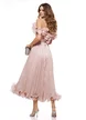 Rochie de spectaculoasa din organza dusty rose drapata cu volane romantice si corset reglabil cu volane