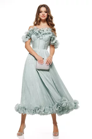 Rochie de spectaculoasa din organza turcoaz pudrat drapata cu volane romantice si corset reglabil cu volane