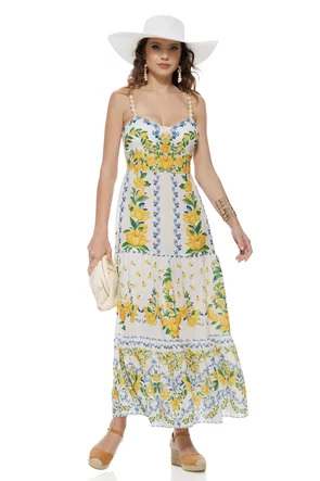 Rochie de vara alba lunga cu bumbac imprimeu mediteranean Amalfi cupe buretate