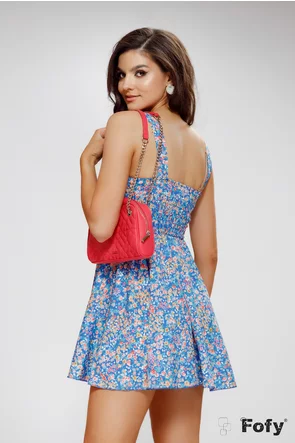 Rochie de vara albastra scurta imprimeu floral cu decolteu patrat