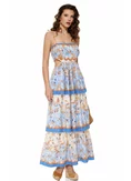 Rochie de vara baby blue lunga cu bumbac cu volane suprapuse imprimeu floral boho picture - 1