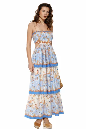 Rochie de vara baby blue lunga cu bumbac cu volane suprapuse imprimeu floral boho