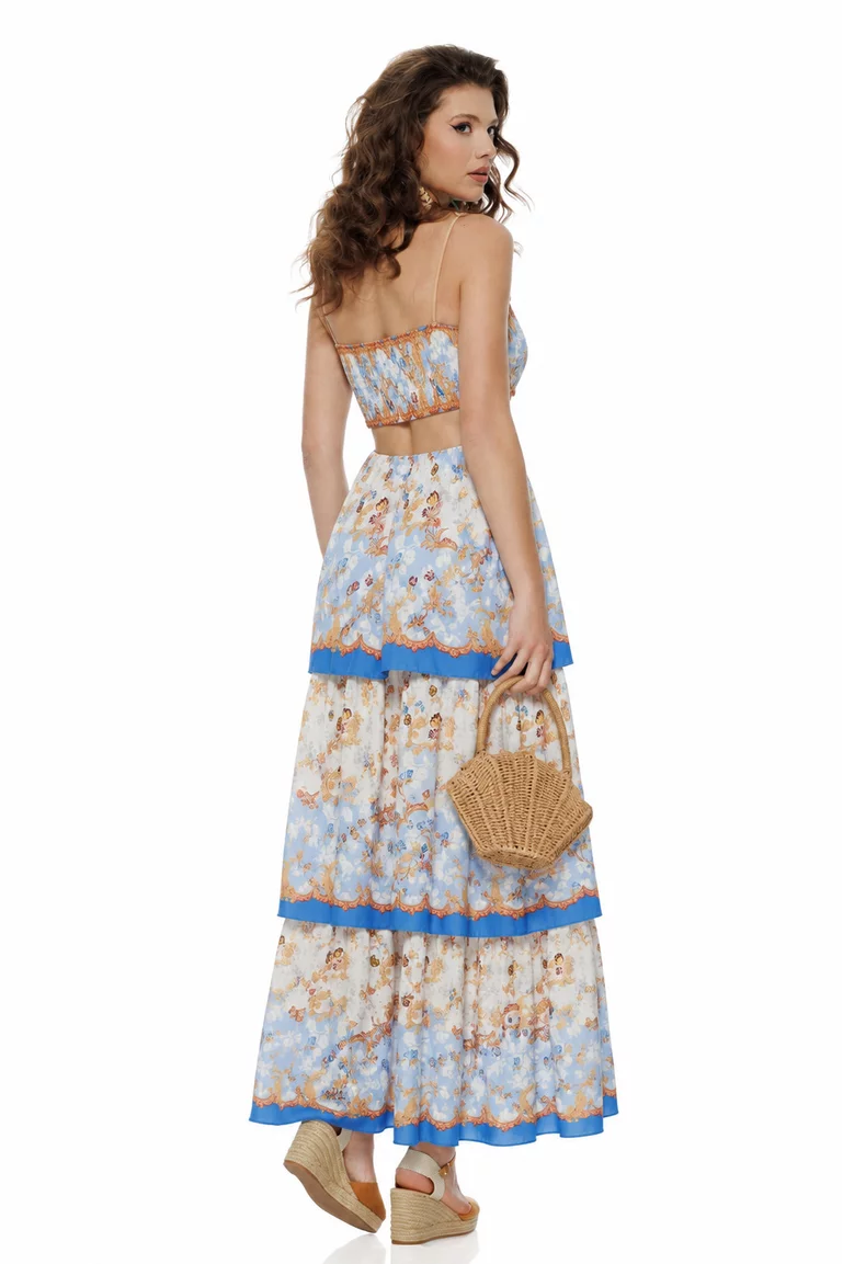 Rochie de vara baby blue lunga cu bumbac cu volane suprapuse imprimeu floral boho picture - 2