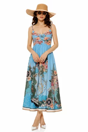 Rochie de vara bleu ciel lunga cu bumbac imprimeu floral estival si bust buretat