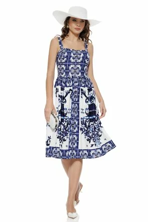 Rochie de vara decoltata midi cu imprimeu mediteranean majolica cupe buretate si pe elastic