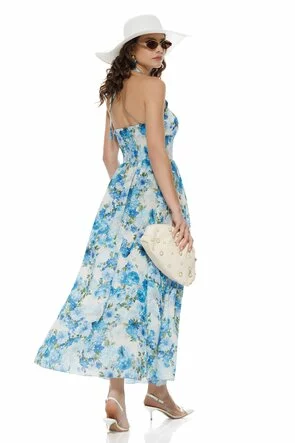 Rochie de vara din bumbac imprimeu floral alb cu albastru cupe buretate