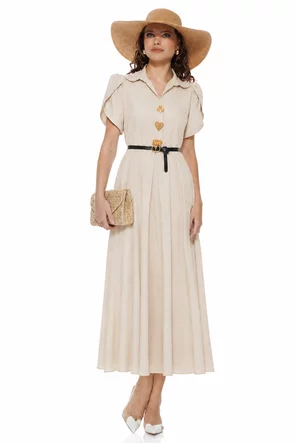 Rochie de vara din vascoza bej cu maneci petrecute accesorii metalice si curea