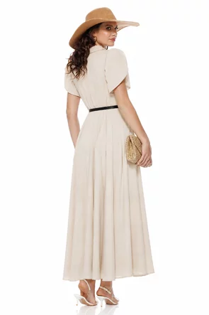 Rochie de vara din vascoza bej cu maneci petrecute accesorii metalice si curea