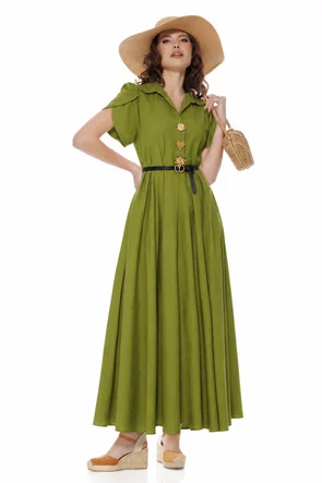 Rochie de vara din vascoza fistic cu maneci petrecute accesorii metalice si curea