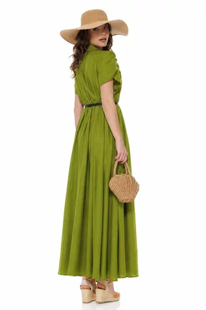 Rochie de vara din vascoza fistic cu maneci petrecute accesorii metalice si curea
