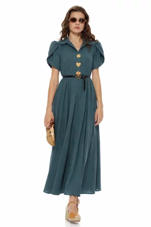 Rochie de vara din vascoza olive cu maneci petrecute accesorii metalice si curea