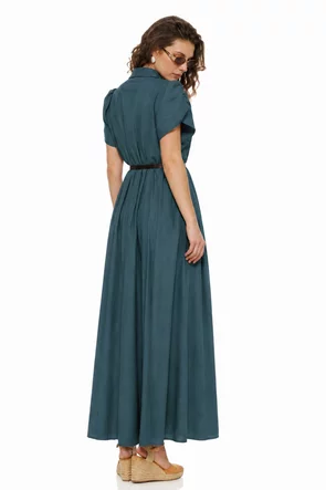 Rochie de vara din vascoza olive cu maneci petrecute accesorii metalice si curea